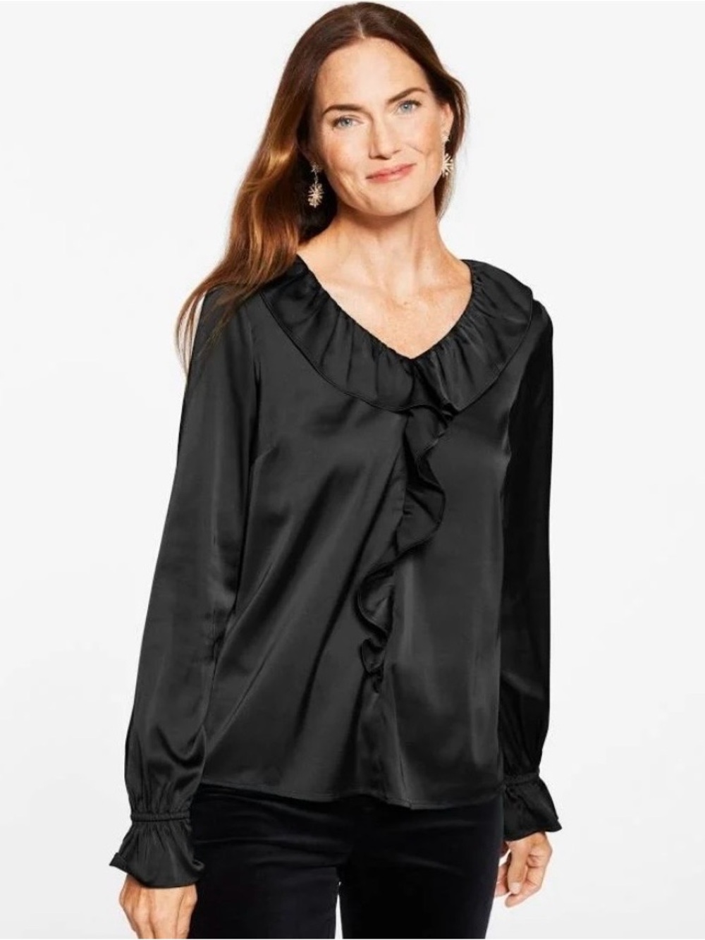 Talbots Black Satin Ruffle-Front V-Neck Blouse